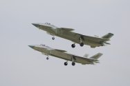 PLAAF, twin J-20's stealth jets taking off from runway 02.jpg